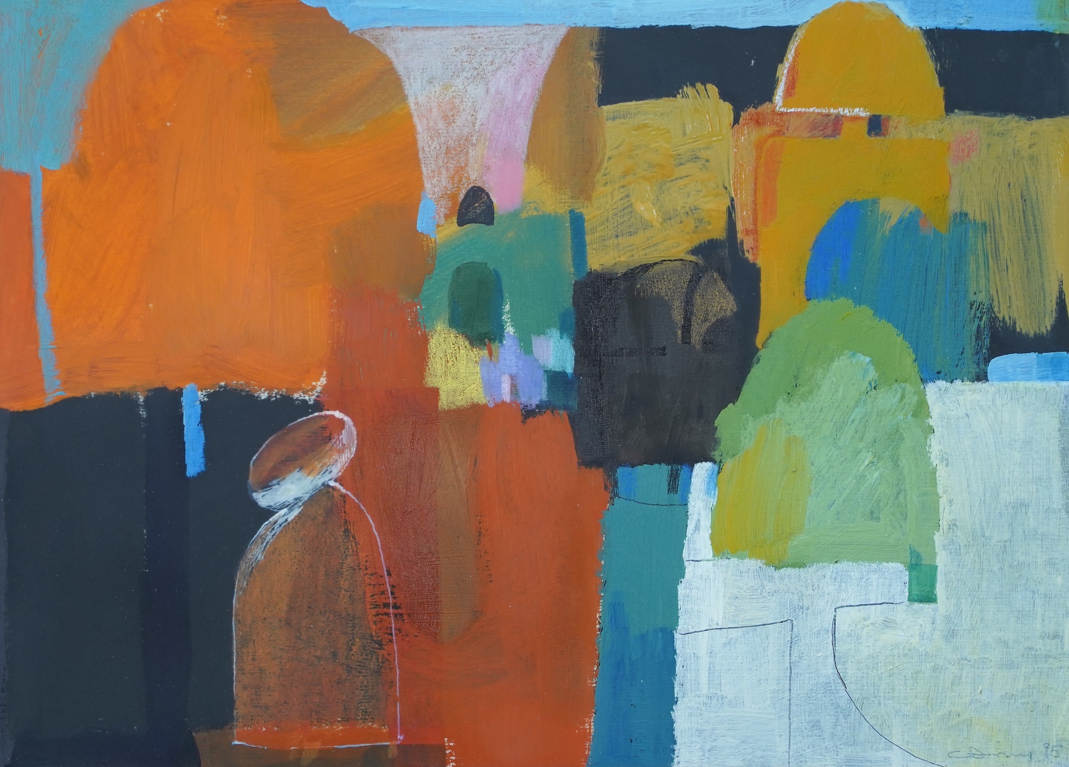 Claire Denny (contemporary), gouache on paper, abstract composition, Geometric shapes, signed and dated '95, 22 x 28.5cm